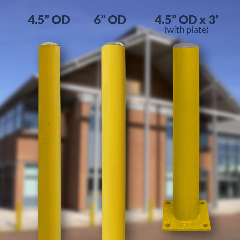 3 yellow bollards with their sizes displayed, with a background image of a building