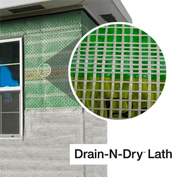 Drain N Dry Lath shown on a building with a close up view of the material
